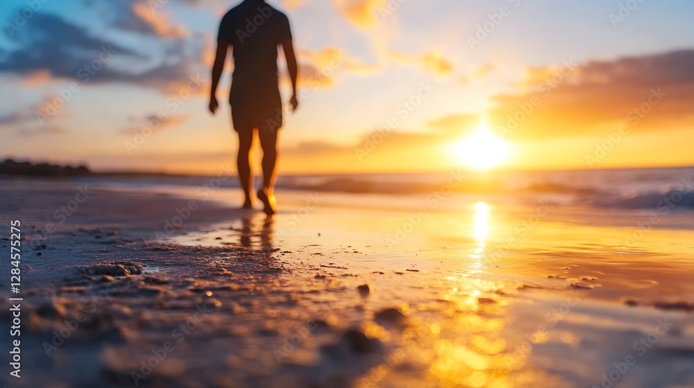Silhouette of a person walking on a beach during a stunning sunset with golden light reflection on water : Generative AI Silhouette of a person walking on a beach during a stunning sunset with golden light reflection on water : Generative AI