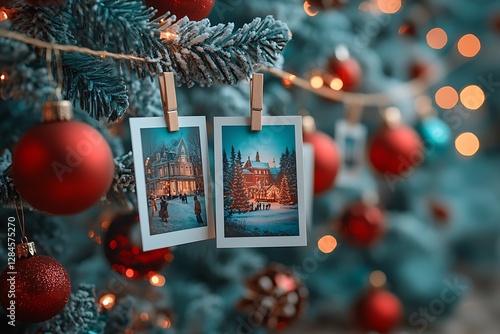 Festive Christmas Photos Hang on Snowy Christmas Tree