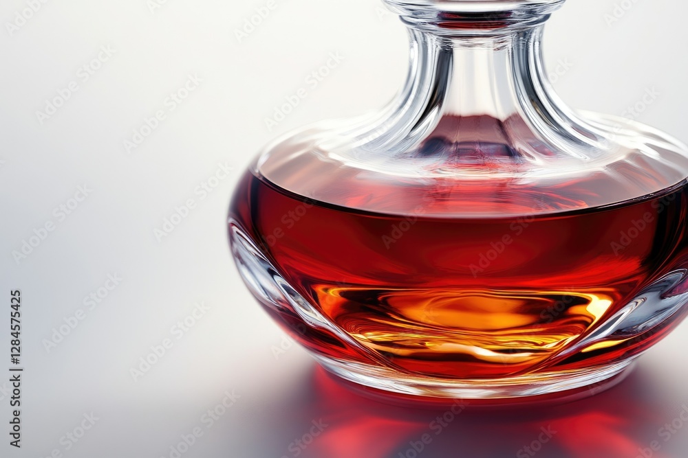 Crystal decanter filled with rich, amber-hued liquid, reflecting light beautifully. Crystal decanter filled with rich, amber-hued liquid, reflecting light beautifully.