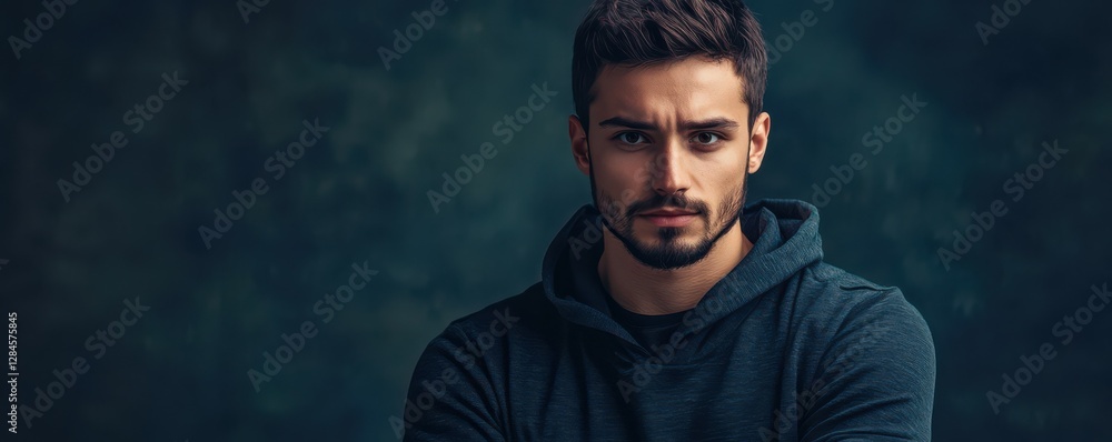 Young caucasian male with beard in dark hoodie against textured background Young caucasian male with beard in dark hoodie against textured background