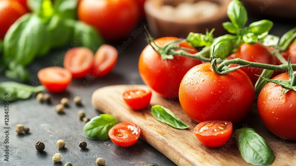 Fresh ripe tomatoes with basil leaves and spices on a wooden cutting board for healthy cooking : Generative AI Fresh ripe tomatoes with basil leaves and spices on a wooden cutting board for healthy cooking : Generative AI