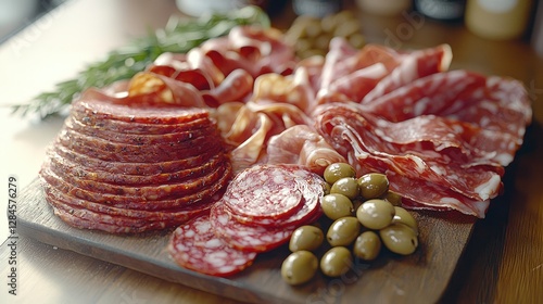 Gourmet cured meats platter on wooden board, olives, herbs, restaurant background