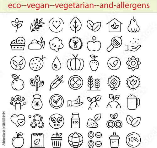 "Eco, Vegan, Vegetarian, and Allergens-Related Icons Set" includes symbols like leaves, plant-based foods, vegan/vegetarian labels, allergy warnings, and eco-friendly packaging. These icons represent 