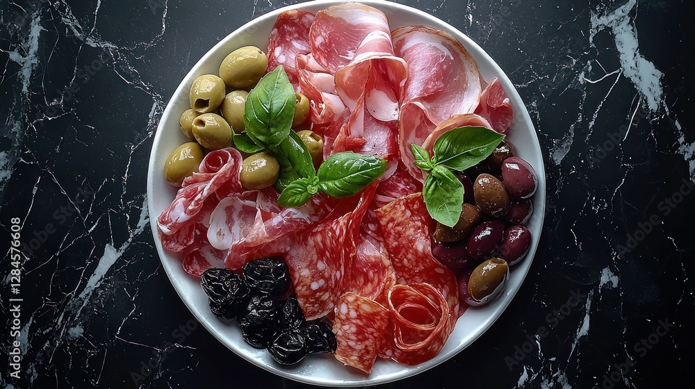 Obraz premium Gourmet Italian antipasto platter on marble