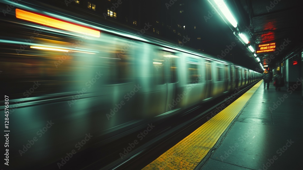 Fototapeta premium Fast train zooms through subway station, motion blur, lights illuminate platform