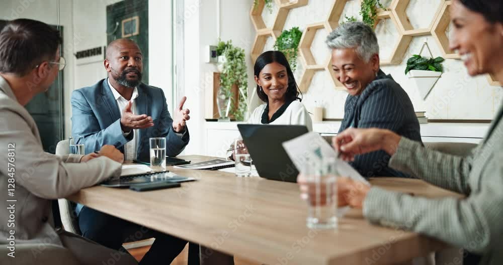 Business people, manager and laughing in meeting for discussion or financial report in accounting. Feedback, review and happy accountants in office for finance career, project funding or teamwork
