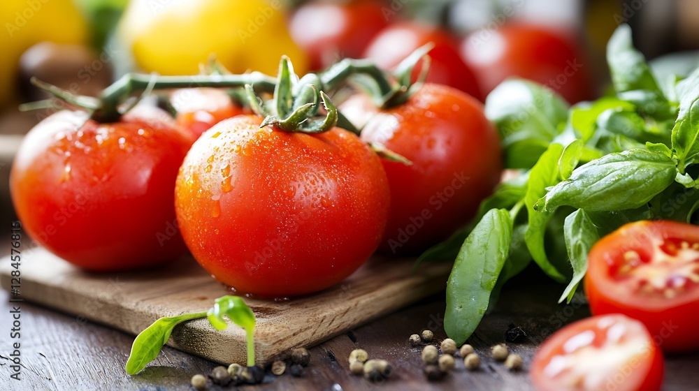 Fresh Red Tomatoes with Vibrant Green Basil Leaves on a Rustic Wooden Board Surrounded by Healthy Ingredients : Generative AI Fresh Red Tomatoes with Vibrant Green Basil Leaves on a Rustic Wooden Board Surrounded by Healthy Ingredients : Generative AI