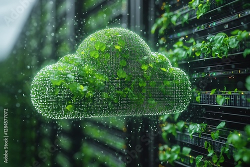 Green plants thrive amidst server racks in a modern data center.