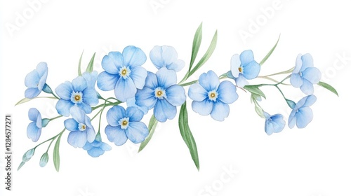 Delicate forget-me-nots bloom in soft blue hues, evoking a sense of nostalgia and tranquility with watercolor elegance