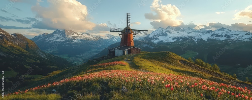 Fototapeta premium Scenic windmill on hill with tulip flowers and snowy mountains at sunset