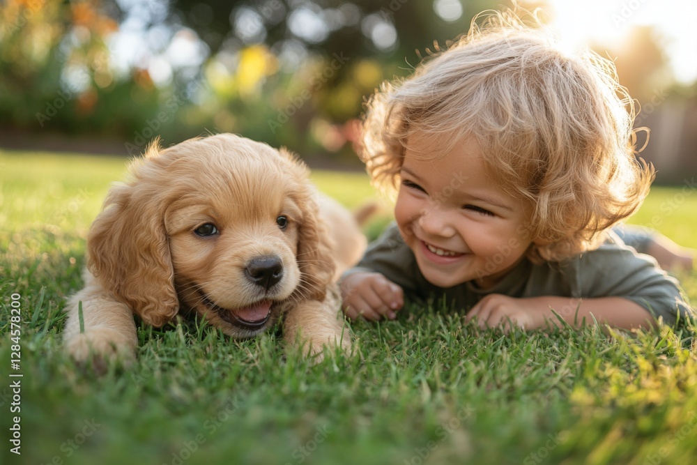 Joyful child playing with a golden puppy on a sunny afternoon in a lush backyard garden Joyful child playing with a golden puppy on a sunny afternoon in a lush backyard garden