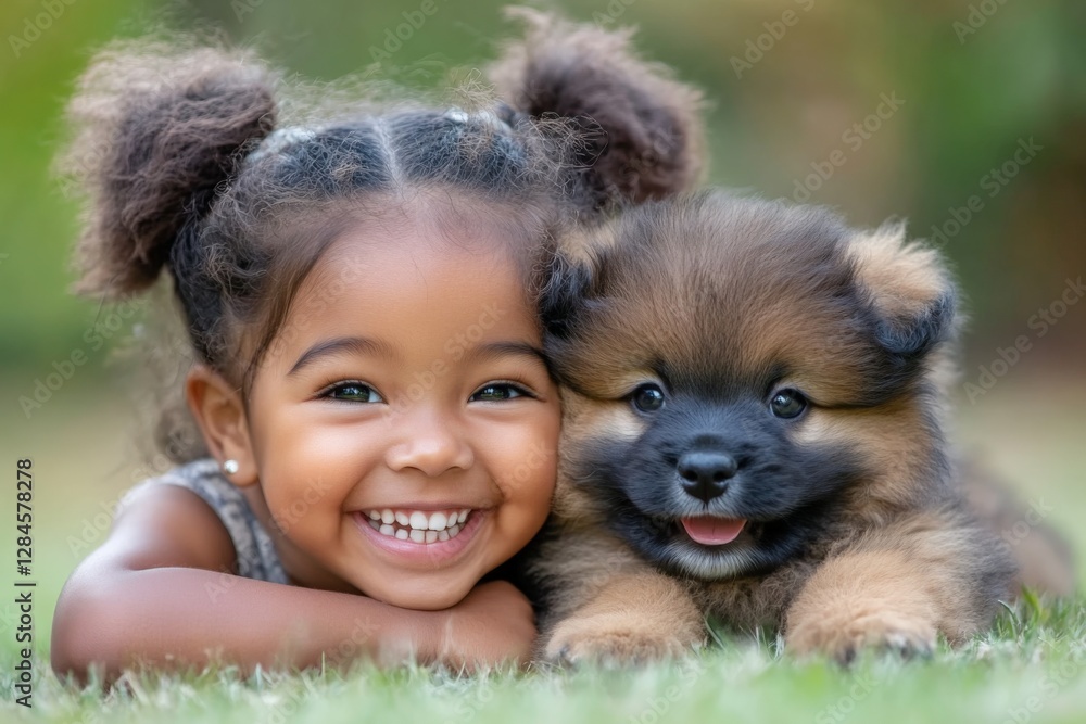 Joyful girl playing with a fluffy puppy outside on a sunny day in a park Joyful girl playing with a fluffy puppy outside on a sunny day in a park