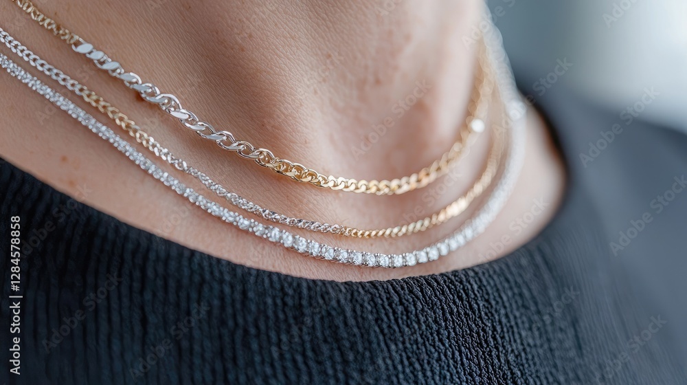 Fototapeta premium Woman wearing elegant necklaces, close-up. Lifestyle jewelry photoshoot