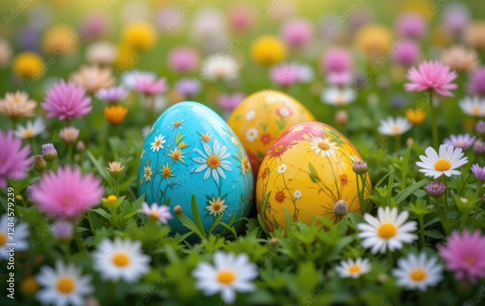 Decorated Easter Eggs Hidden in a Meadow Full of Spring Flowers Decorated Easter Eggs Hidden in a Meadow Full of Spring Flowers