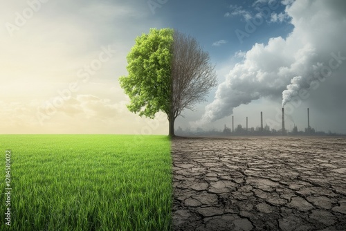 A stark image of environmental change: A single tree symbolizes the dichotomy between a thriving, green ecosystem and the destructive impact of industrial pollution.