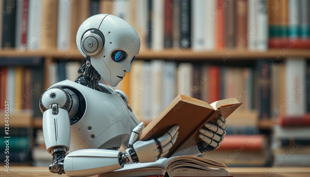 Robot thoughtfully reading a book in a vast library, illuminated by Robot thoughtfully reading a book in a vast library, illuminated by