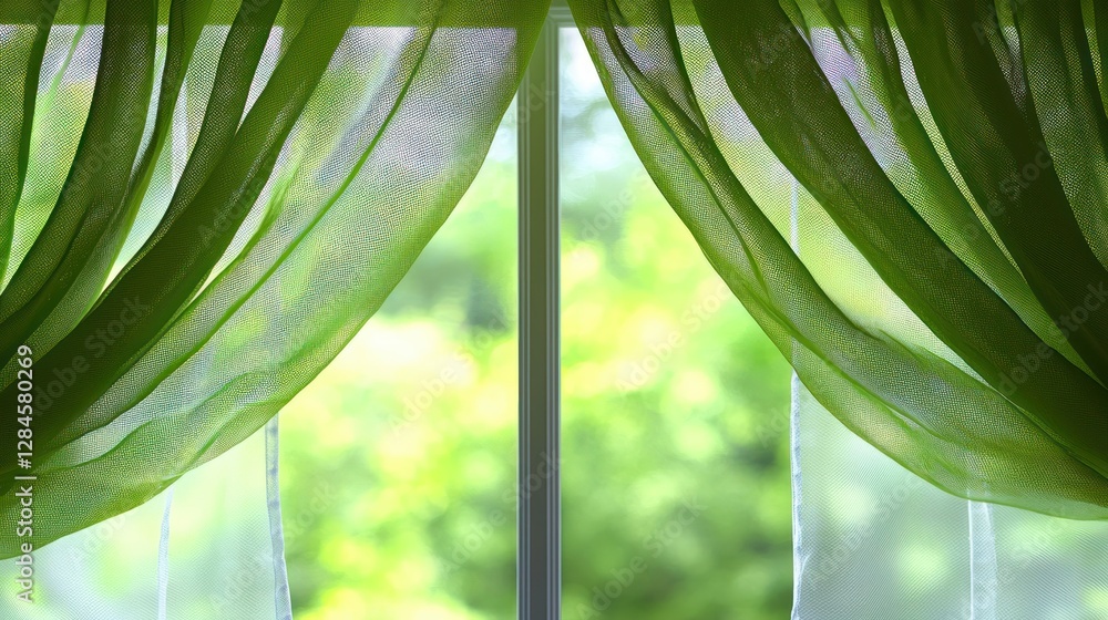 Fototapeta premium Green sheer curtains, window, sunlight, out of focus green trees