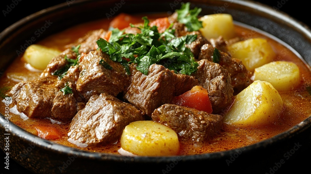 Hearty Beef Stew in a Bowl, with Vegetables and Herbs Hearty Beef Stew in a Bowl, with Vegetables and Herbs