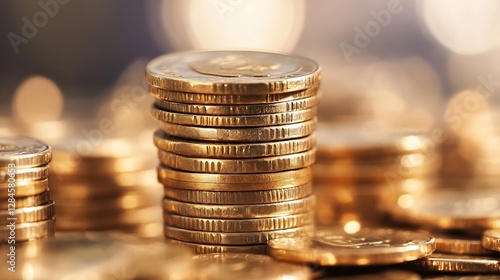 Stacked Gold Coins Glimmering Under Soft Light in a Wealthy Business Setting : Generative AI