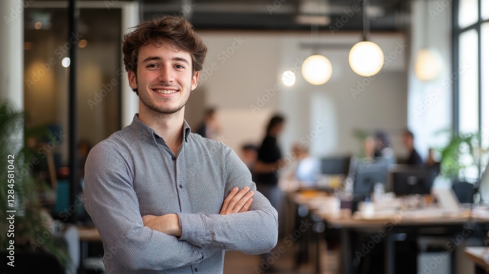 Obraz premium A young European man in his twenties smiles confidently in a modern office setting, showcasing a friendly and professional atmosphere among colleagues.