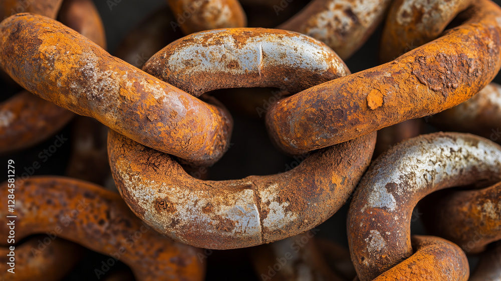 Close-up of rusty metal chain links, showcasing industrial textures and weathering effects Close-up of rusty metal chain links, showcasing industrial textures and weathering effects