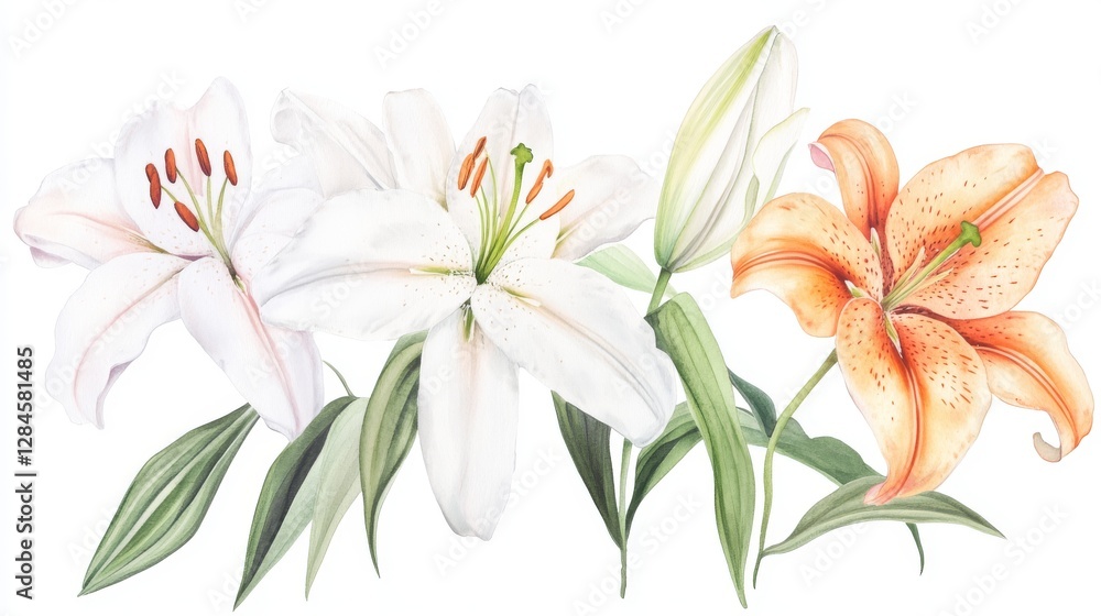 Fototapeta premium Delicate watercolor illustration of refined lilies in white, orange, and pink hues captured beautifully with botanical flair