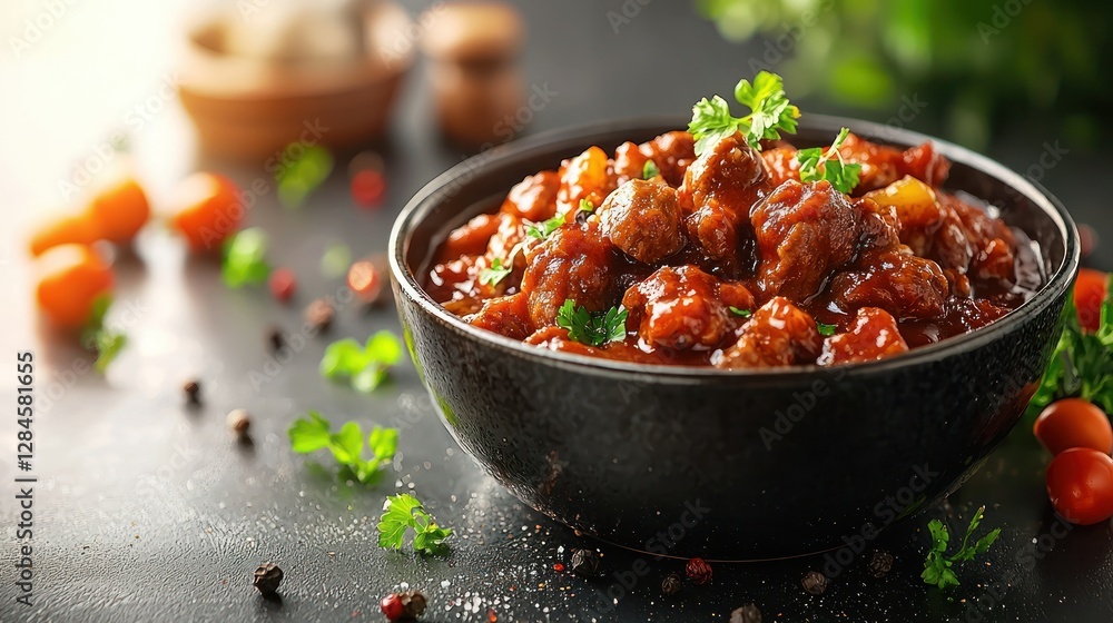 Hearty beef stew in dark bowl on dark surface with cooking ingredients Hearty beef stew in dark bowl on dark surface with cooking ingredients