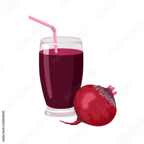 Beetroot juice in glass isolated on white background. Fresh vegetable drink. Vector cartoon illustration.