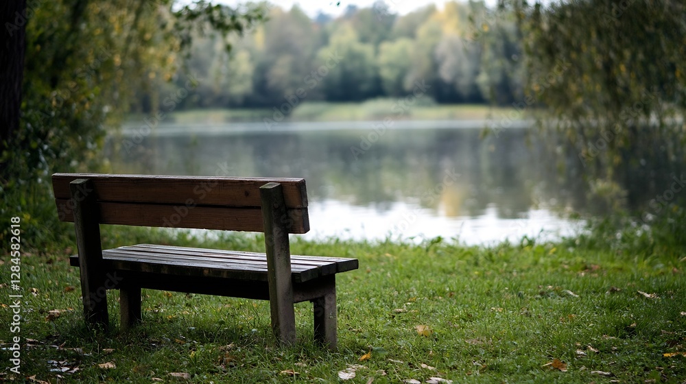 Serene lakeside view featuring a wooden bench surrounded by lush greenery and tranquil water : Generative AI Serene lakeside view featuring a wooden bench surrounded by lush greenery and tranquil water : Generative AI