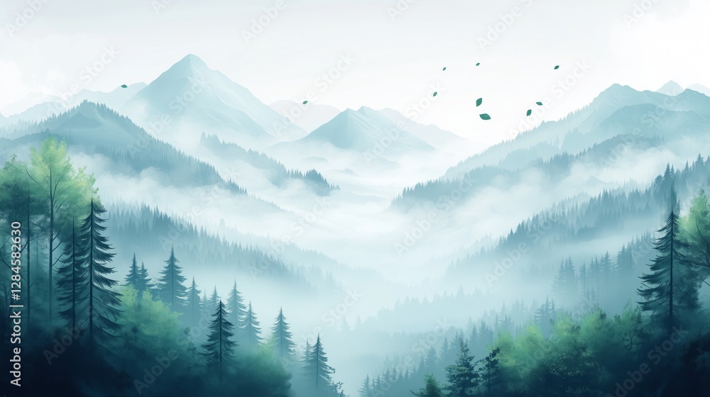 Obraz premium Misty mountain landscape with pine trees