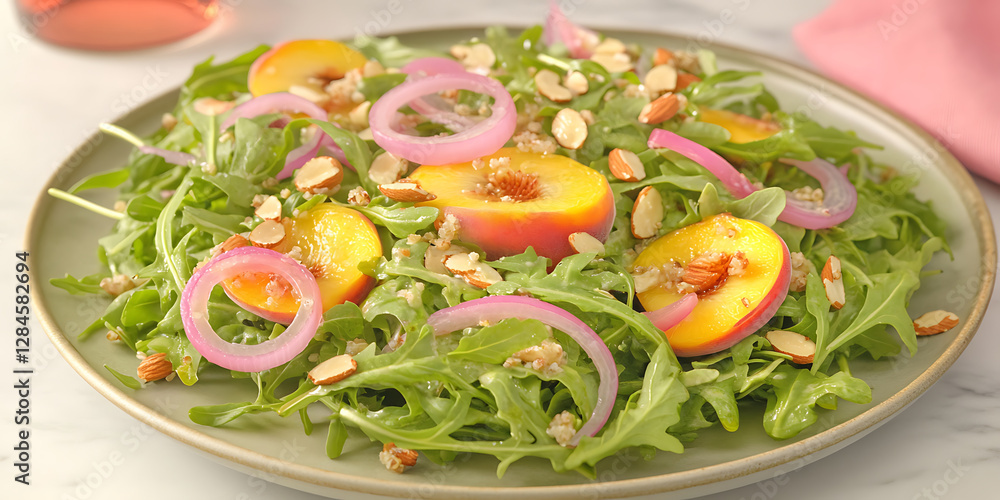 Arugula salad topped with peach slices red onion rings and slivered almonds presented on a plate. Arugula salad topped with peach slices red onion rings and slivered almonds presented on a plate.