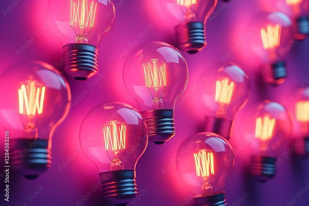 Close-up of glowing light bulbs on a vibrant purple background. Close-up of glowing light bulbs on a vibrant purple background.