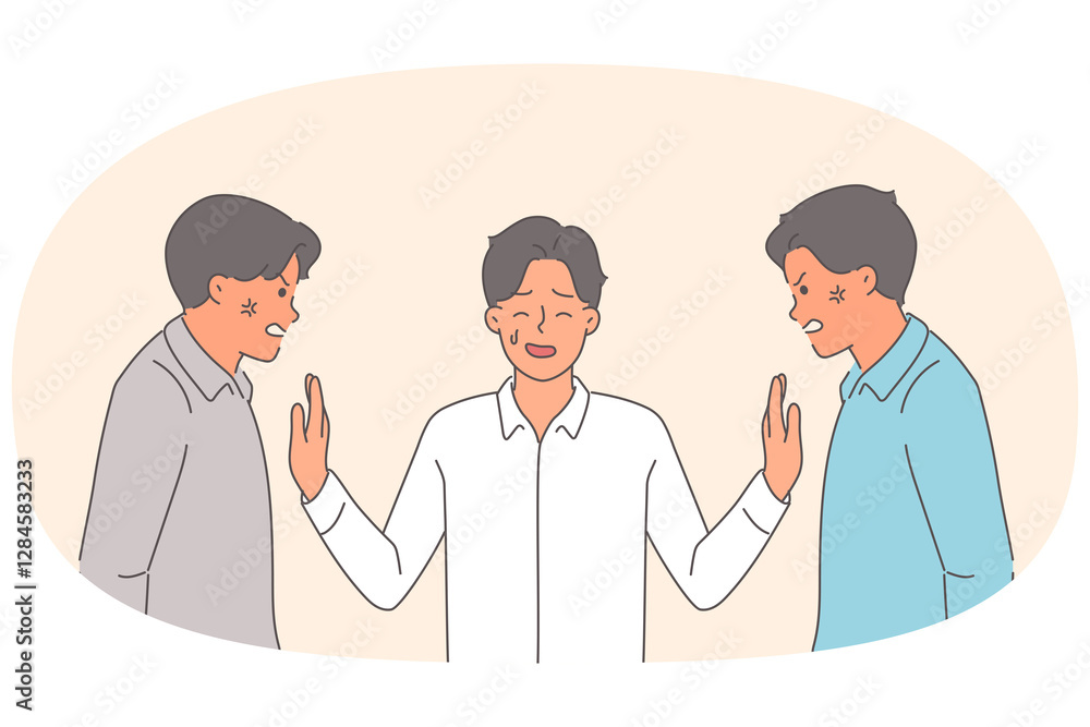 Man mediator calms angry colleagues arguing and conflicting over vision for company development Man mediator calms angry colleagues arguing and conflicting over vision for company development