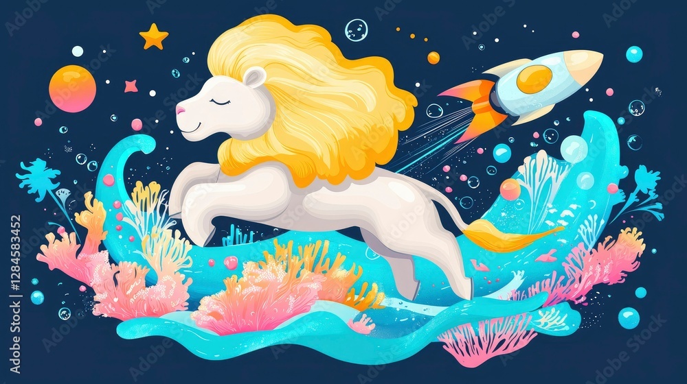 Obraz premium Majestic Lion Surfing Cosmic Waves on a Rocket-Propelled Journey