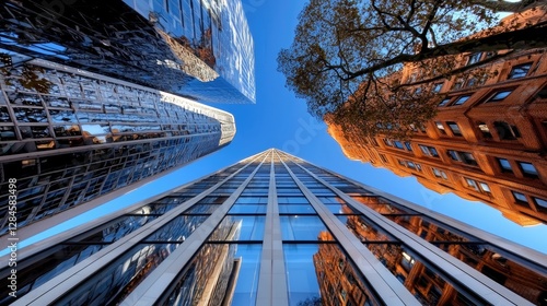 Low angle view of modern glass skyscrapers and a classic brick building rising into a clear blue sky.