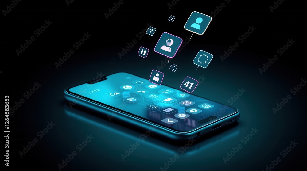 Smartphone displaying multiple app icons with floating user profile and miscellaneous digital symbols. Smartphone displaying multiple app icons with floating user profile and miscellaneous digital symbols.