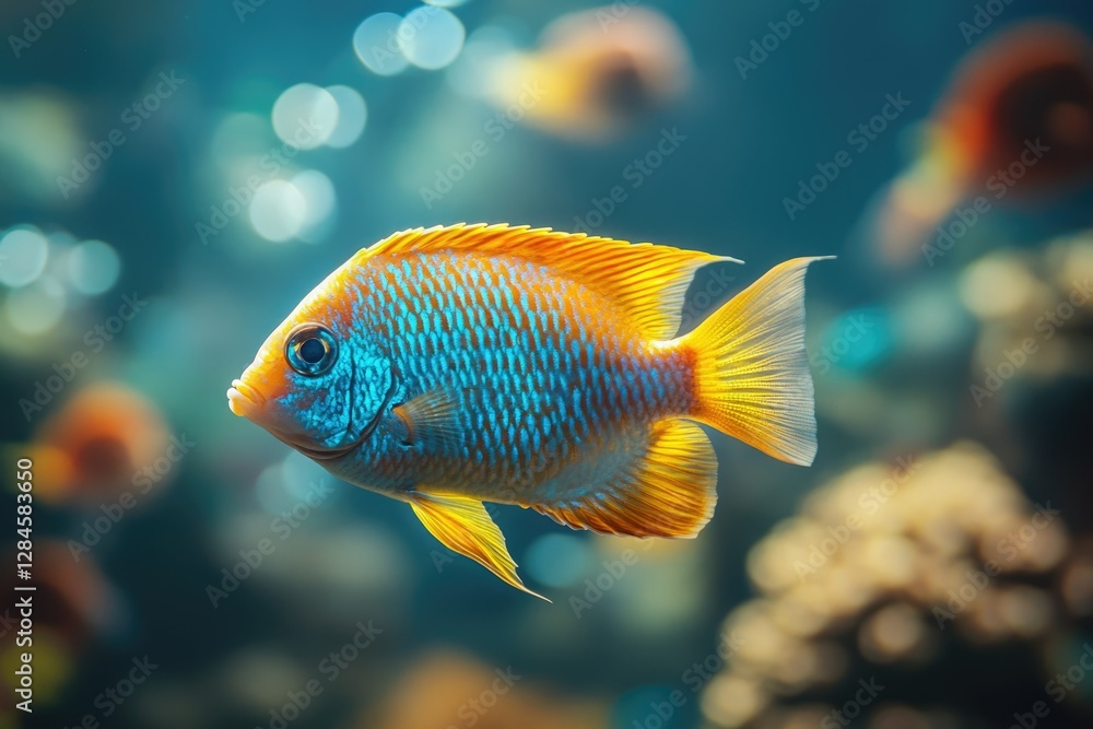 Vibrant blue and yellow fish swimming in a clear aquarium, surrounded by coral and other fish. Vibrant blue and yellow fish swimming in a clear aquarium, surrounded by coral and other fish.