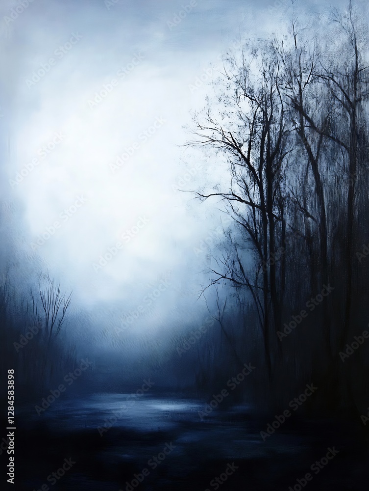 Mysterious Artistic Expression of Trees in Fog Over a Dark Reflective Water Surface : Generative AI Mysterious Artistic Expression of Trees in Fog Over a Dark Reflective Water Surface : Generative AI
