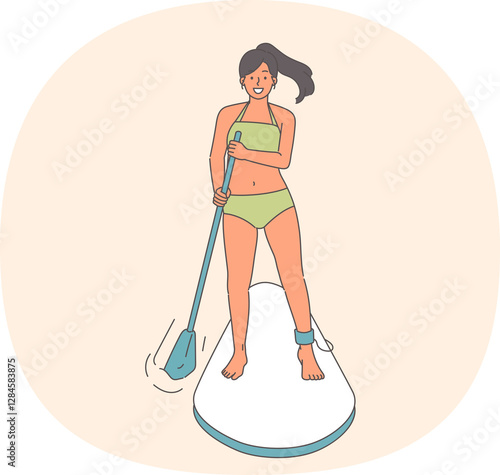 Photography Woman surfer uses SUP board to float down river, and rows paddle to adjust direction, dressed in swimsuit