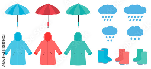 Rainy day essentials featuring raincoat, umbrella, and rubber boots for outdoor activities. Vector illustration