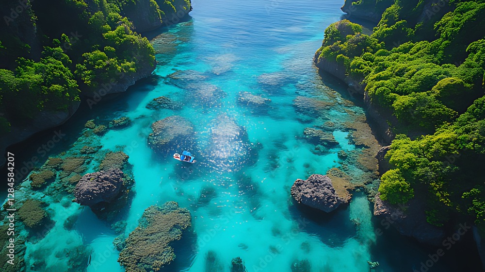 Fototapeta premium Tropical lagoon boat aerial view, vibrant turquoise water, lush greenery, sunlight