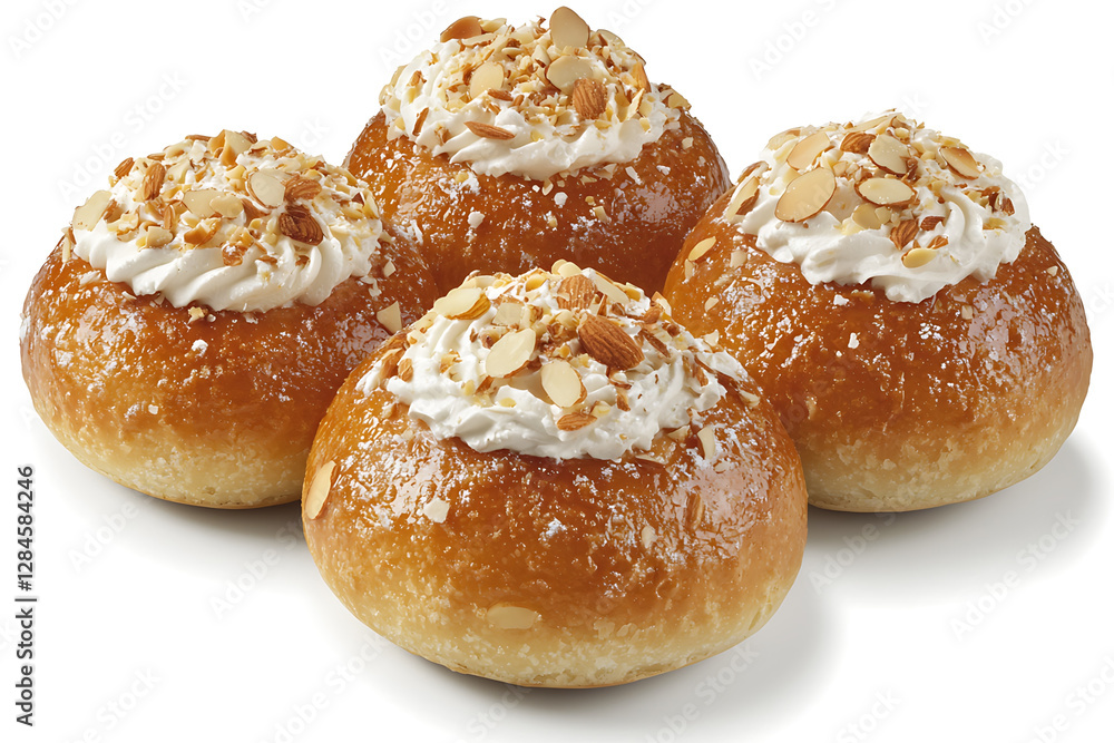 Four golden-brown buns topped with white cream and sprinkled with sliced almonds arranged closely together on a white surface. Four golden-brown buns topped with white cream and sprinkled with sliced almonds arranged closely together on a white surface.