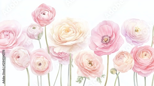 Delicate ranunculus in soft peach and pink hues create a serene watercolor botanical illustration full of layered beauty