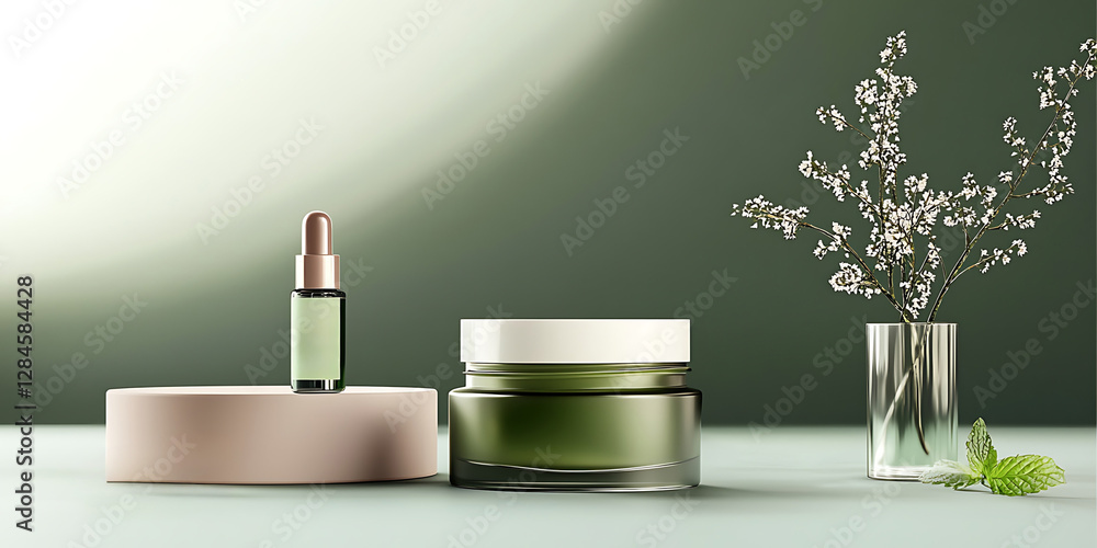 Elegant skincare products including serum and moisturizer arranged with florals against a soft green backdrop. Elegant skincare products including serum and moisturizer arranged with florals against a soft green backdrop.