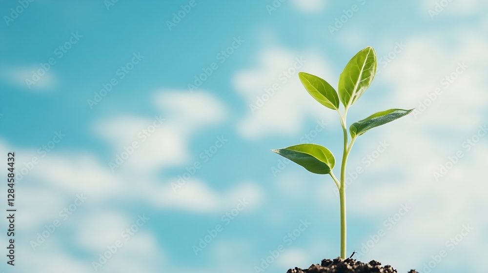 Closeup of a young green plant growing from soil under a bright blue sky : Generative AI Closeup of a young green plant growing from soil under a bright blue sky : Generative AI