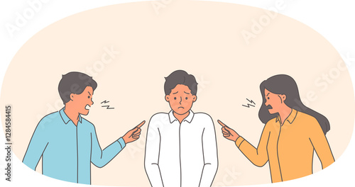 Two bosses scold subordinate who made mistake, and point finger at clerk in need of protection. Colleagues scold male manager for lack of productivity and poor work performance violating kpi