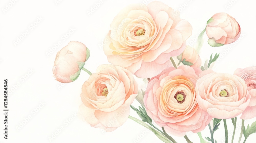 Fototapeta premium Delicate ranunculus blooms in soft peach and pink hues capture nature's elegance through a lush watercolor botanical illustration