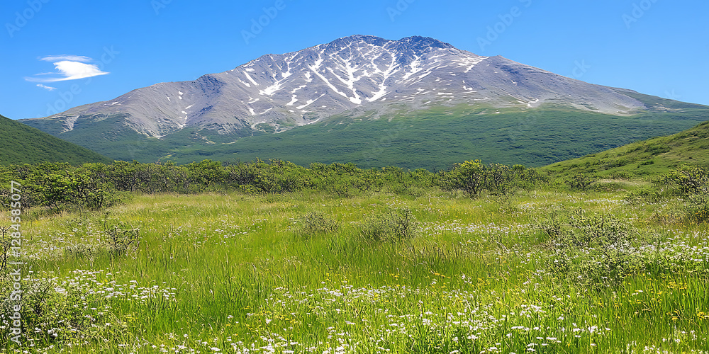 Fototapeta premium Snow-capped mountain rises above lush green meadows dotted with wildflowers under a bright clear blue sky.