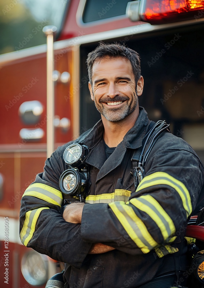 Fototapeta premium Professional Portrait of Firefighter in Front of Fire Truck