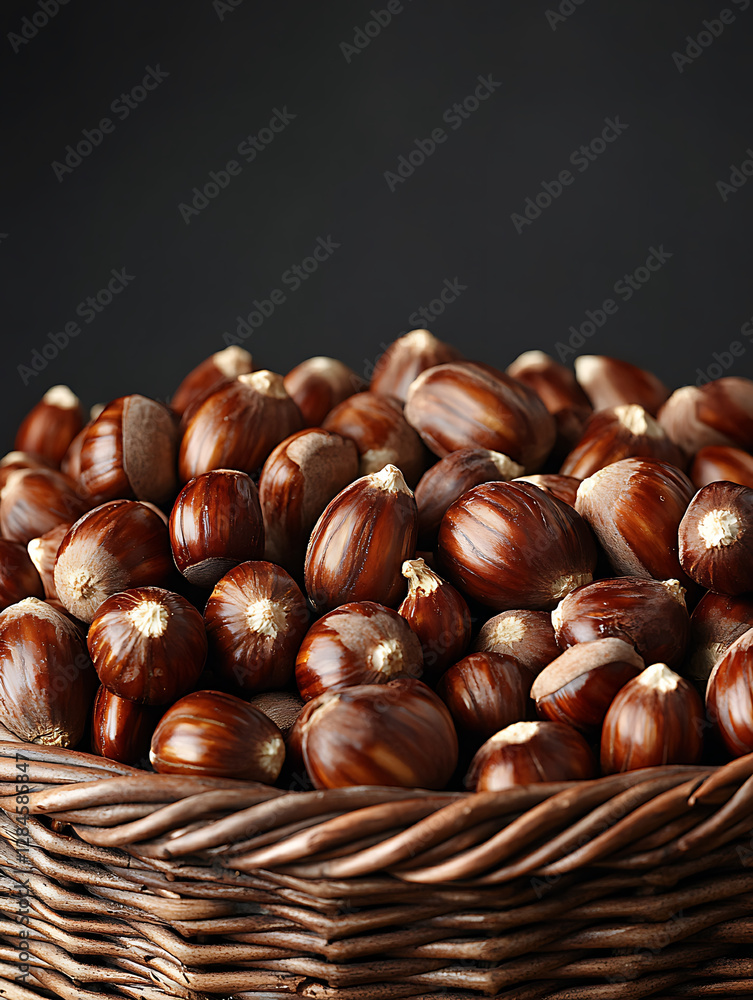 A basket overflowing with shiny brown hazelnuts showcasing their rich texture and autumnal appeal against a dark backdrop. A basket overflowing with shiny brown hazelnuts showcasing their rich texture and autumnal appeal against a dark backdrop.